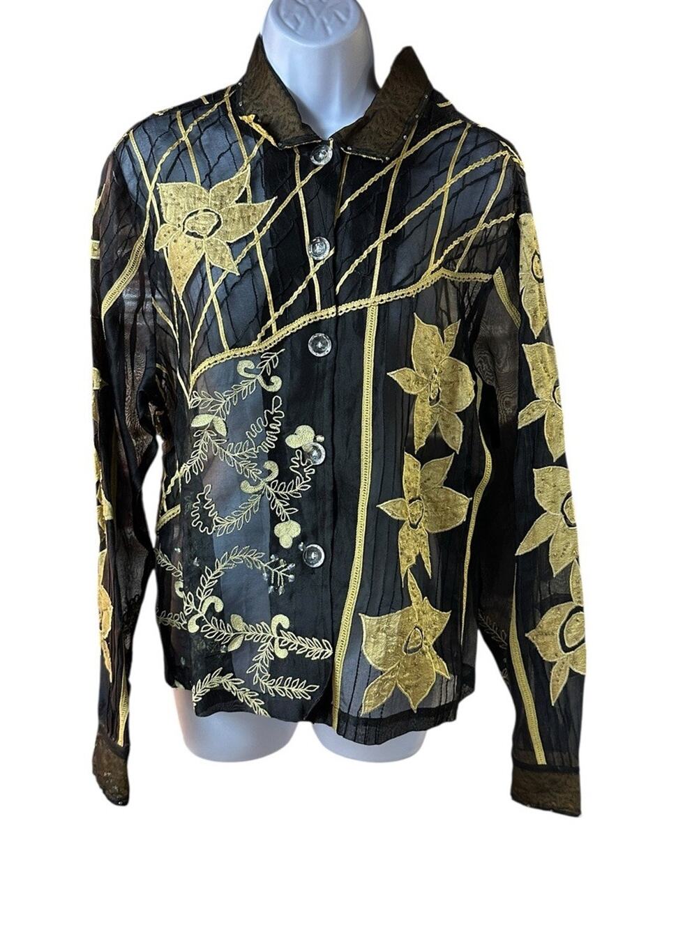 Sandy Starkman 100% Silk Sheer Black And Gold Floral Blouse L